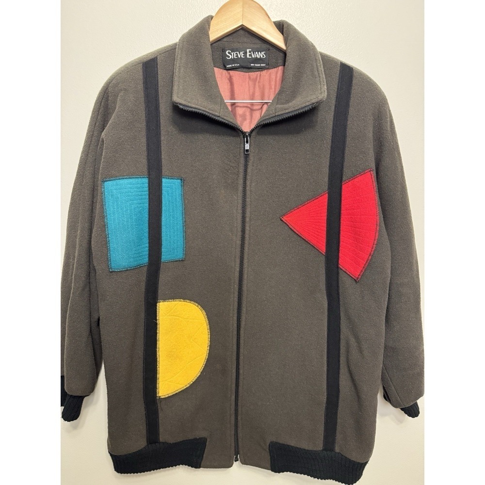 Mens VTG Wool Coat Brown Geometric Colorblock Short USA Made Steve Evans Sz L/XL